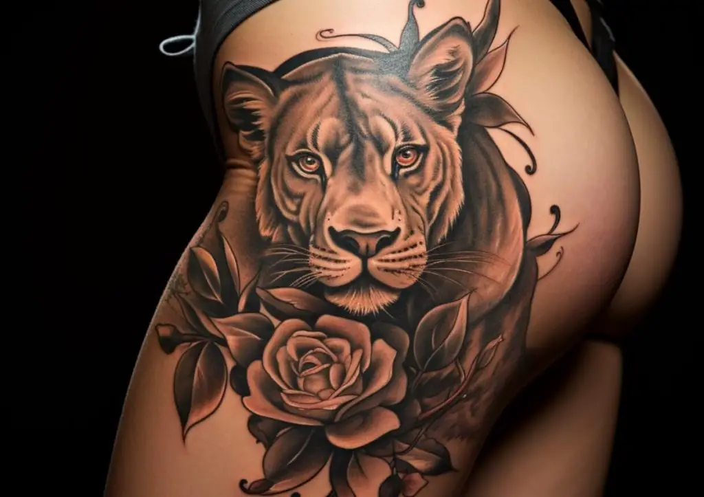 tatuaje leona mujer cadera