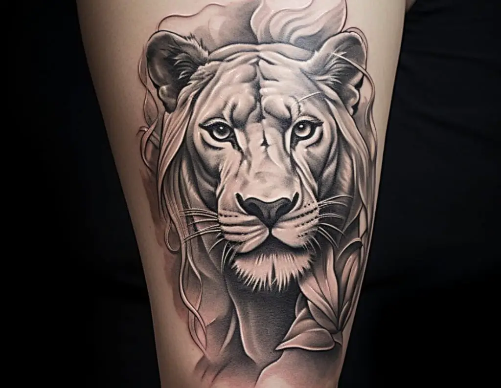 tatuaje leona mujer muslo